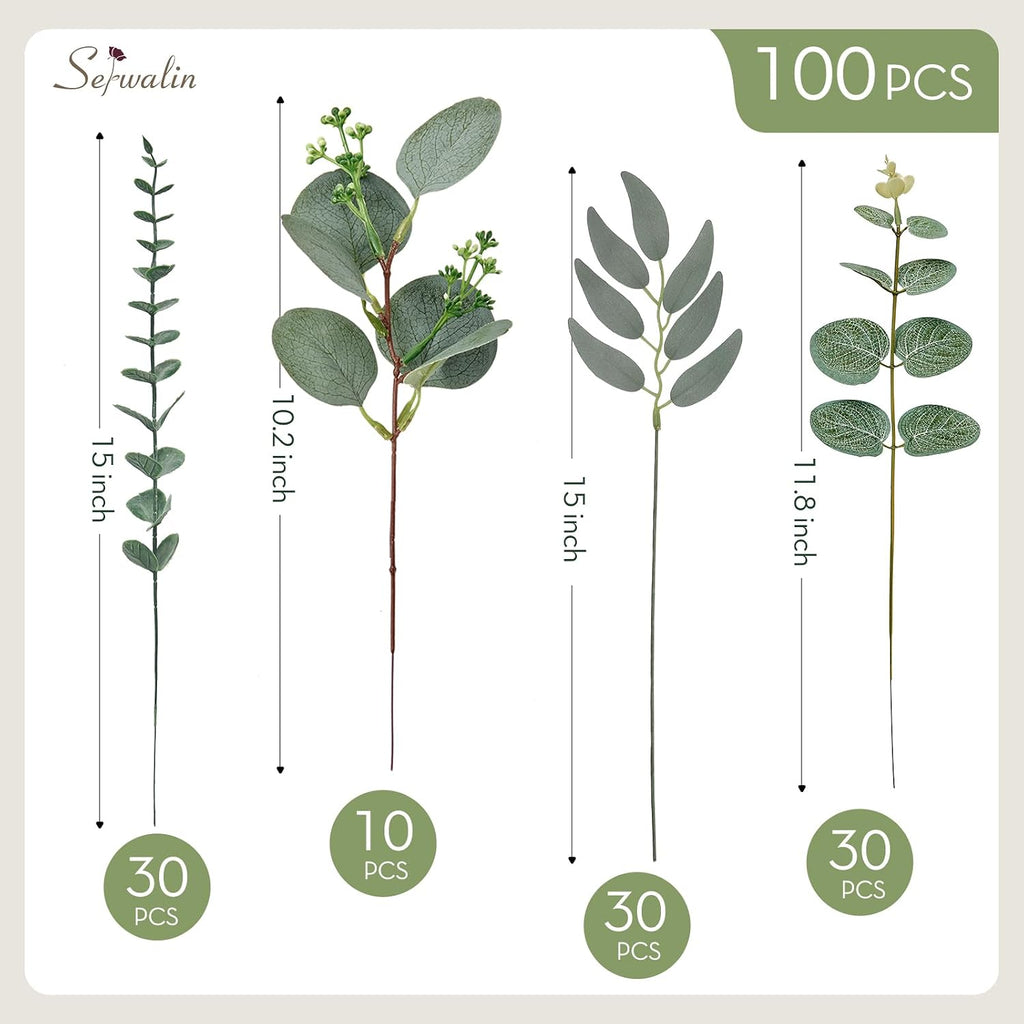 Serwalin 100PCS Artificial Eucalyptus Stems Bulk, Mixed Greenery Stems