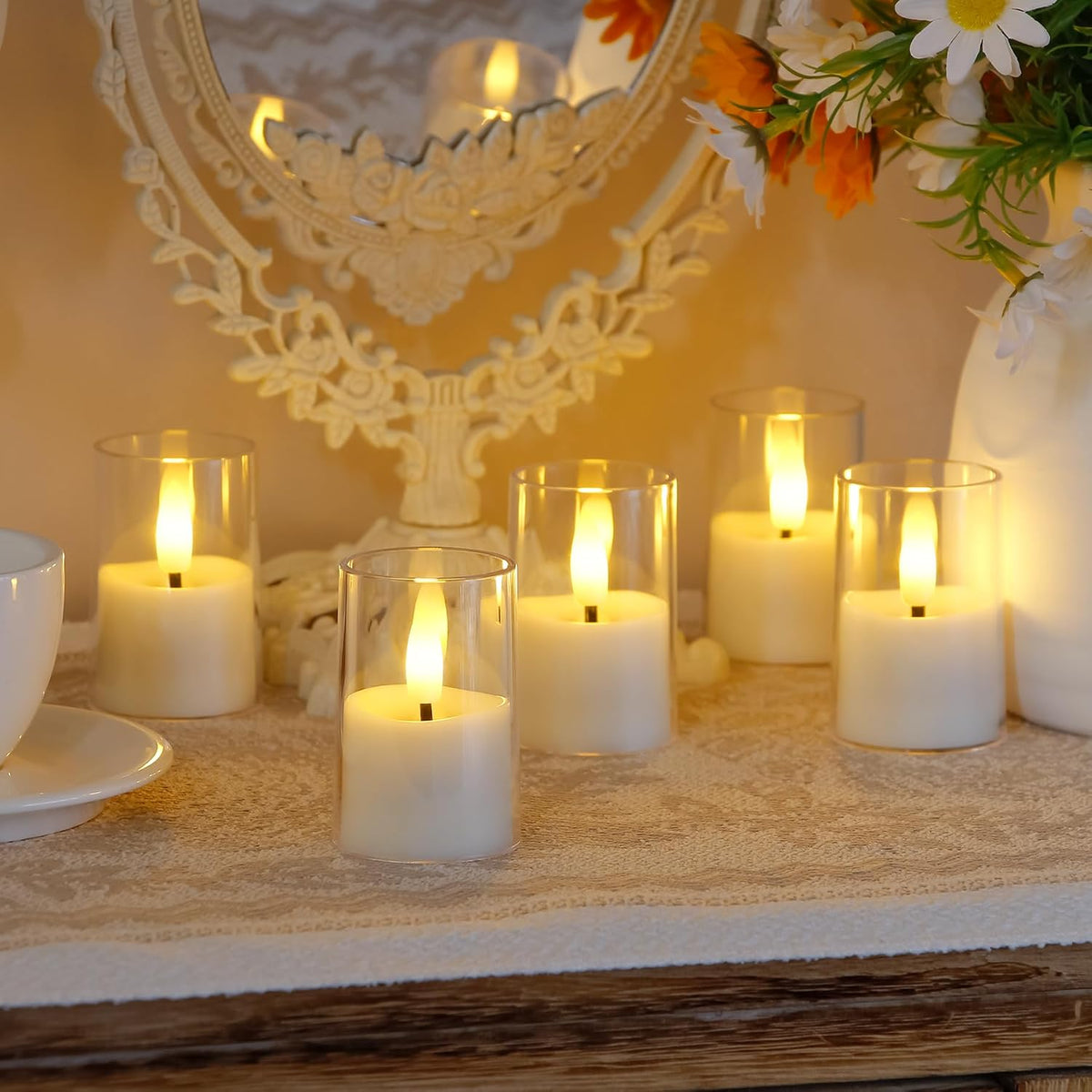 Flameless D: 1.7" H: 2.5" Small Tea Light LED Candles, Acrylic Battery Operated Votive with Remote Control and Timer, Tealight White Flickering Warm Light Pack of 15 Electric Long Lasting