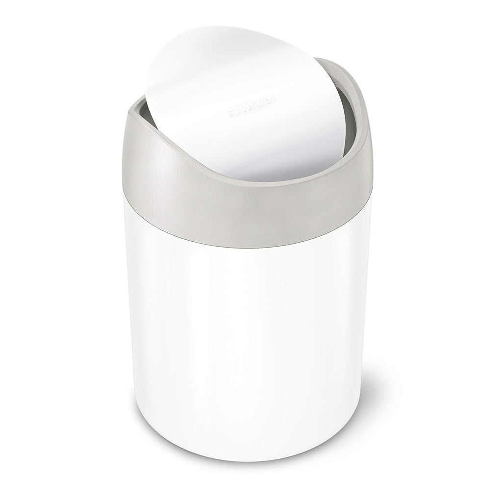 simplehuman Mini Countertop Trash Can, 1.5L / 0.4 Gallon Compact Vanity Trash Can, Balanced Swing Lid, White Steel