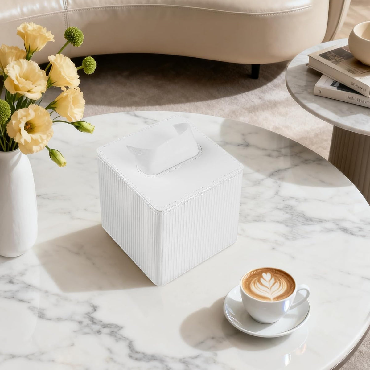 PU Leather Square Tissue Box Cover Tissue Box Holder Cube (Ivory)