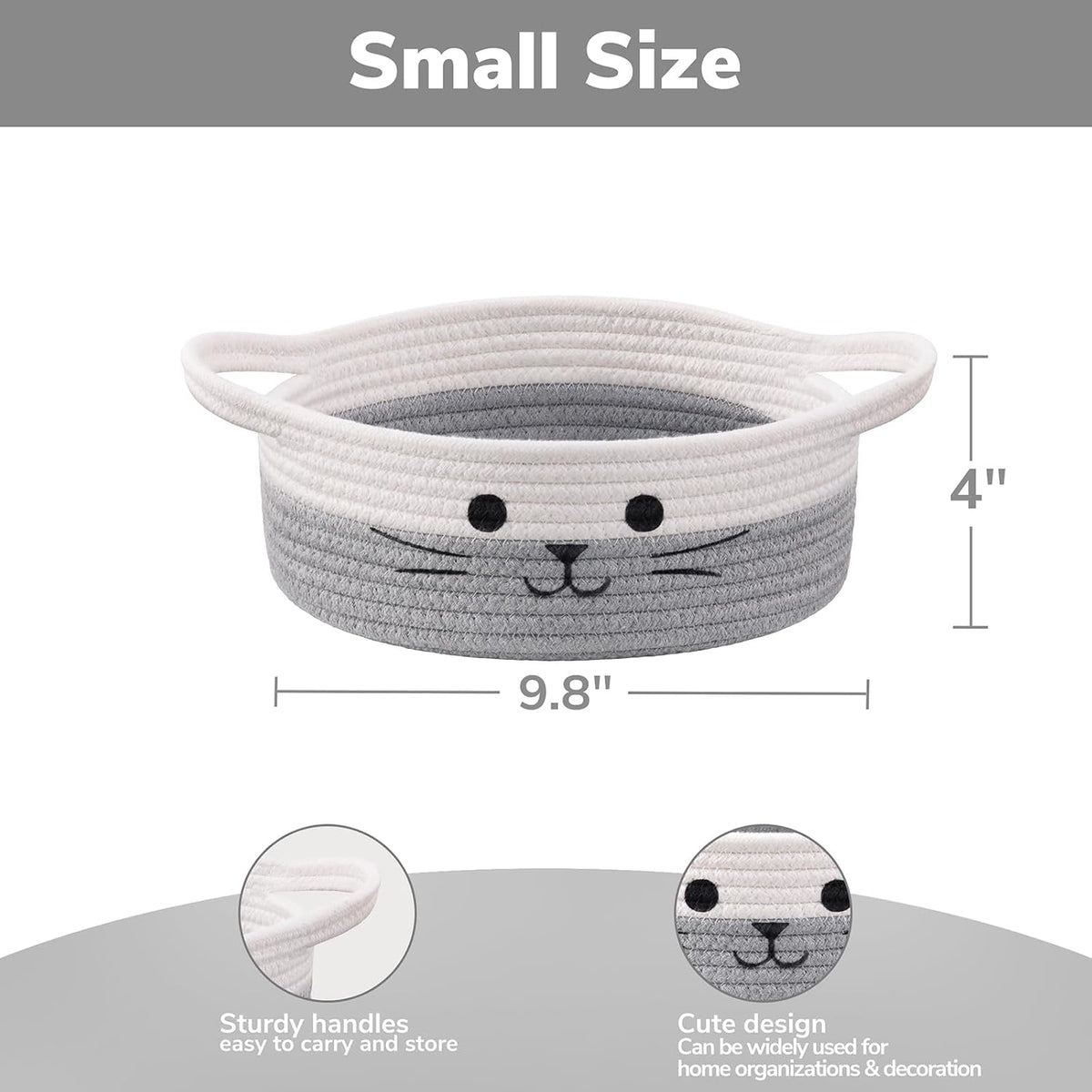 Small Woven Rope Cat Toy Basket with Cat Face Design, White Grey