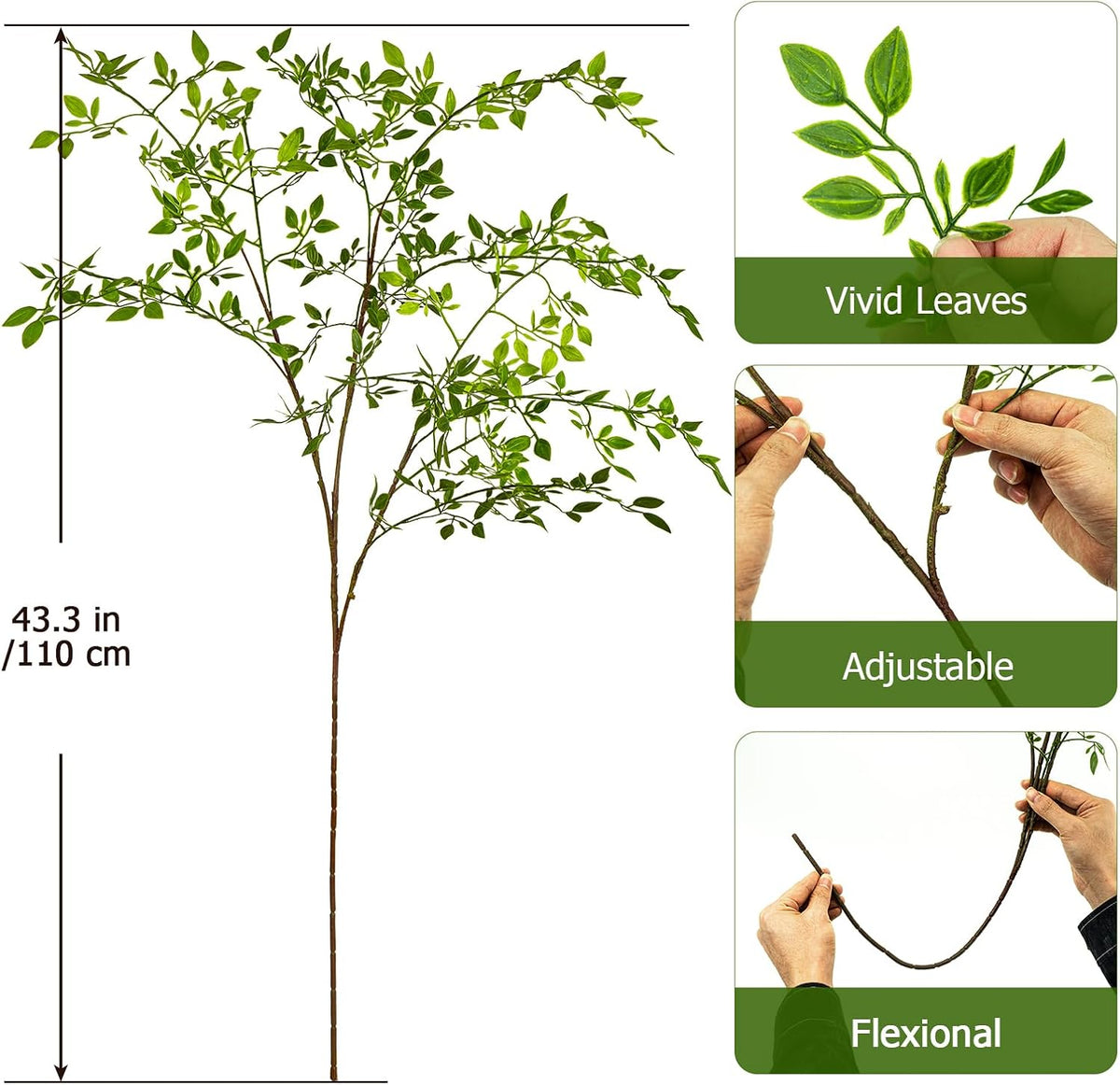 Ttranewsoo Artificial Greenery Stems, 43.3" Nandina Branches Tall Faux Plant Stems for Vase, Greenery Decor Stems Leaves Bunches for Shop Garden Office Home Décor(Green,2Pcs)