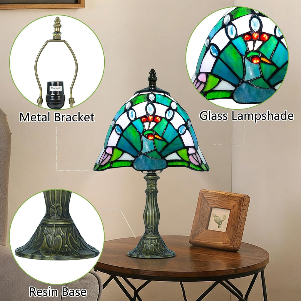 Small Tiffany Style Lamp,Green Peacock,3 Color Temperature,8 Inch