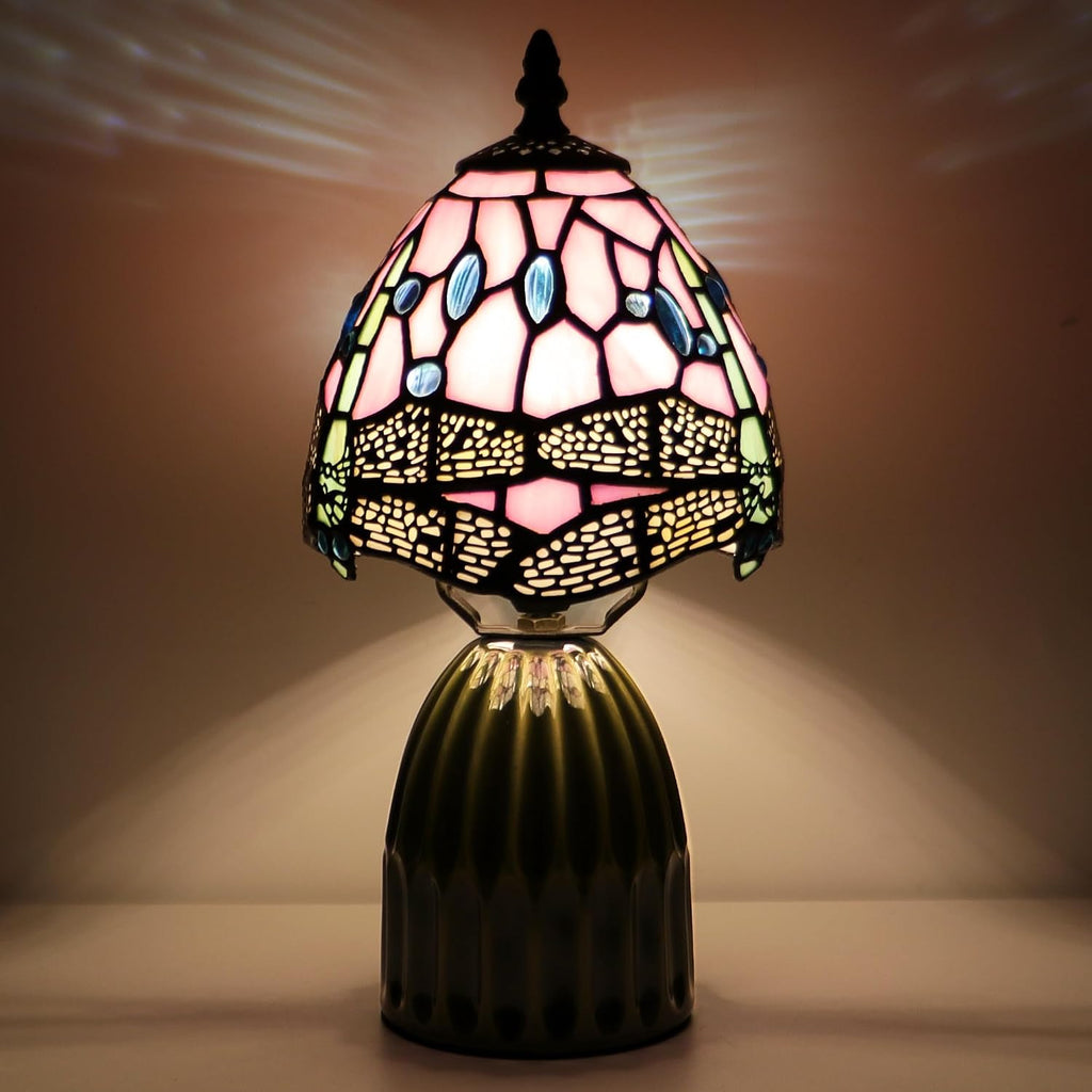 Tiffany Stained Glass Mushroom Table Lamp 12.5 Inch -Pink Dragonfly