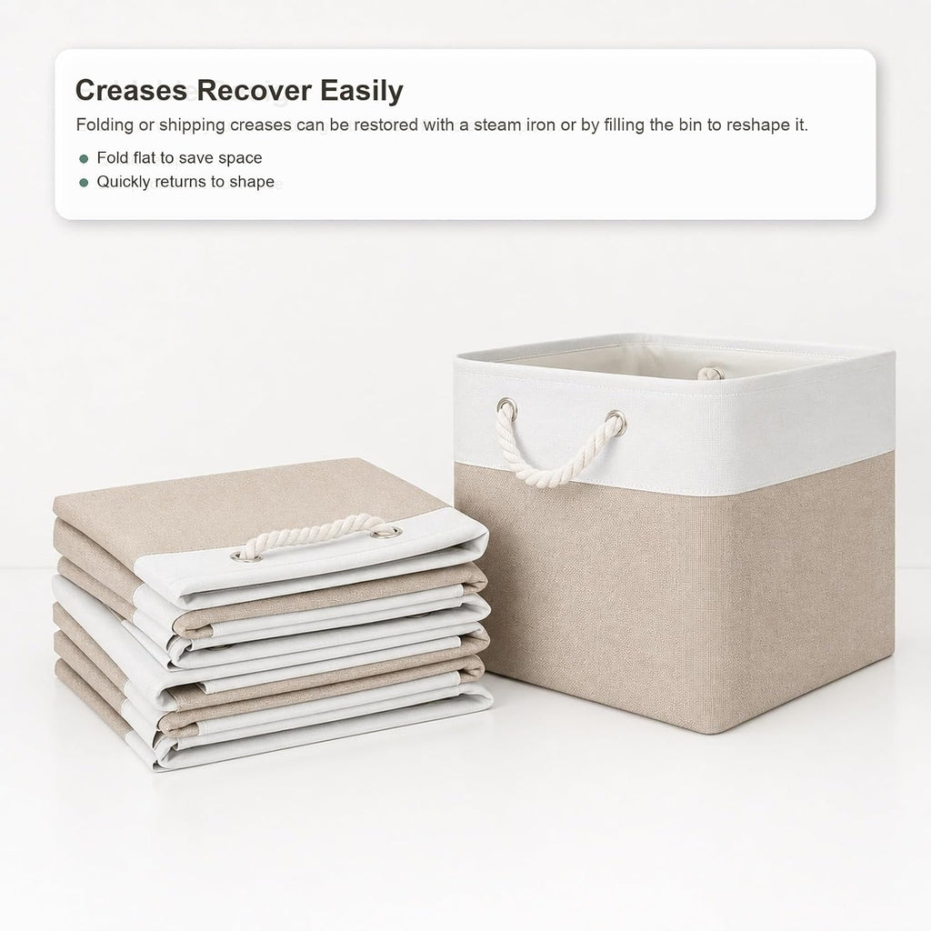 11x11 Inch Cube Storage Bins, 8 Pack Collapsible Fabric Storage Cubes with Rope Handles, Waterproof Foldable Storage Baskets for Cube Shelves, Closet, Clothes, Toys, Books, White & Beige Gold
