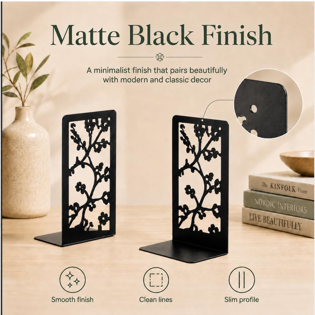 Cherry Blossom Branch Bookends, Set of 2 (1 Pair), Matte Black Metal Book Ends for Shelves, Bookshelf, Desk and Home Library Decor