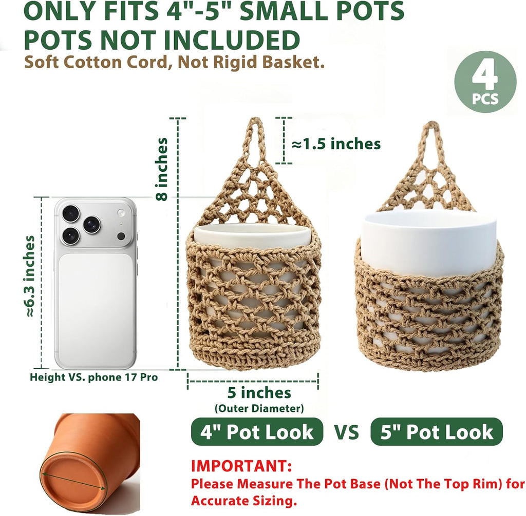 4-PCS 5 Inch Macrame Wall Plant Hangers, Small Wall Hanging Plant Holder for Up to 5 Inch Pot, Natural Cotton Rope Hanger for Indoor Plants & Daily Storage, Boho Home Decor