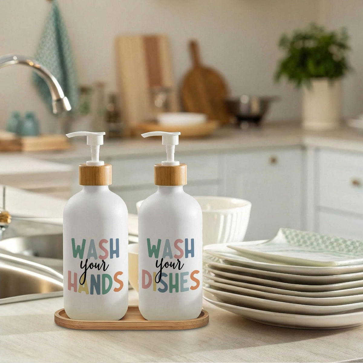 Boho Kids Hand and Dish Soap Dispenser Set, Wash Your Hands & Dishes Glass Soap Dispenser, Hygiene Instruct Colorful Refillable Handsoap Pump Bottle for Bathroom Countertop Kitchen