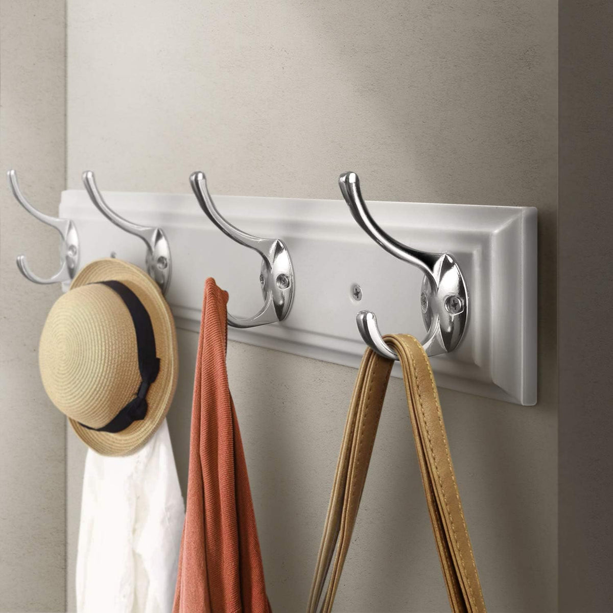 Coat Rack Wall Mounted White, 17" Wooden Modern Wall Coat Hanger with 4 Hooks, Heavy Duty Zinc Alloy Wall Hook Rack for Hanging Coats, Keys, Bags, Great Touch for Bedroom Bathroom Kitchen