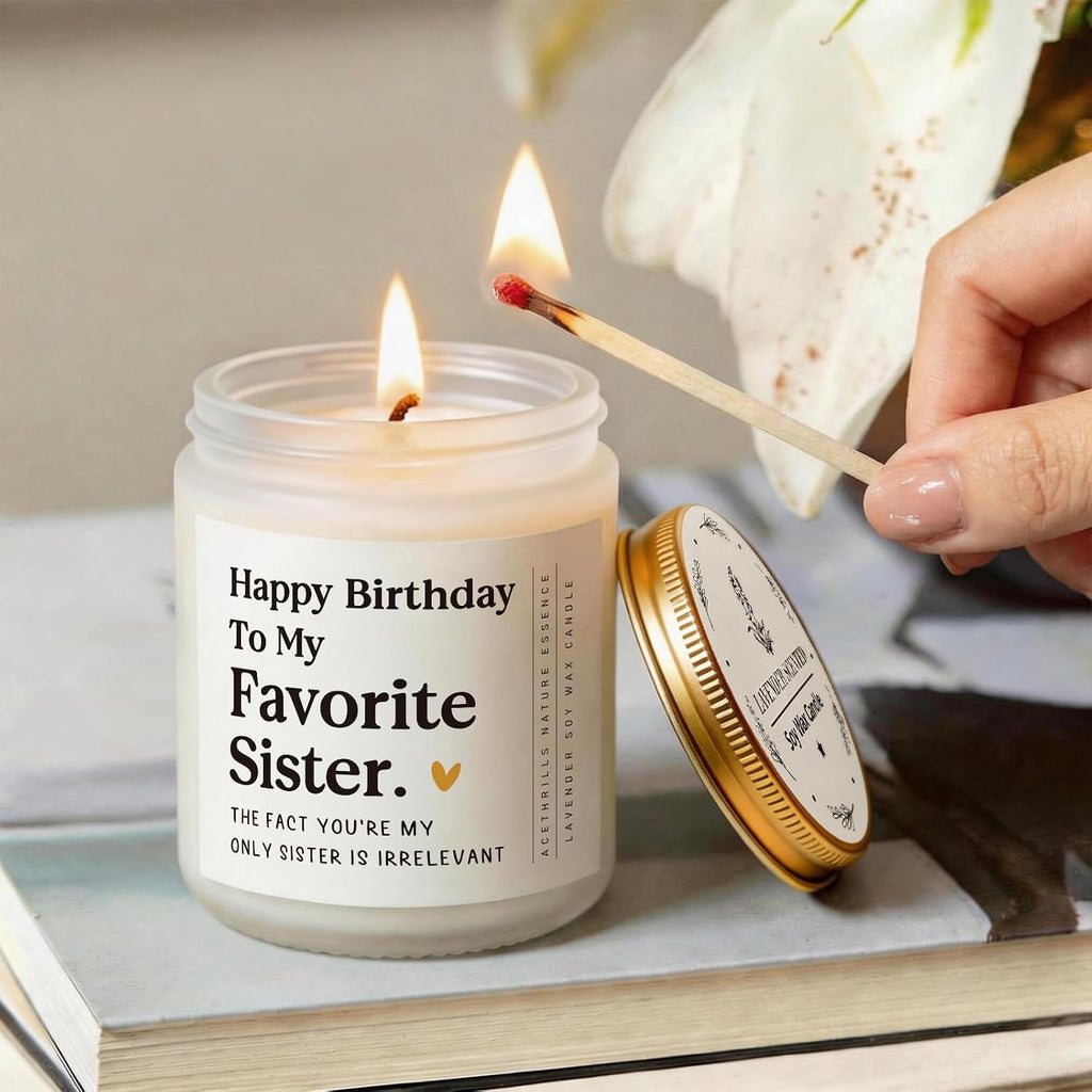 AceThrills Sister Birthday Gifts, Happy Birthday Gifts for Sister from Sisters/Brother - 7 Oz Lavender Scented Candles (to My Favorite Sisters)