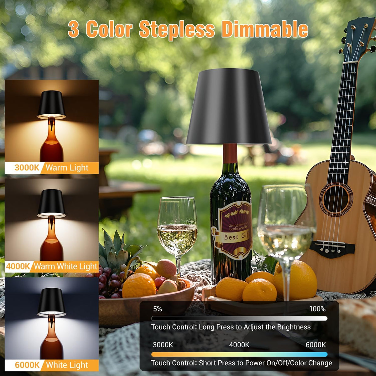 Wireless Bottle Lamp, Wireless Bottle Lamp Shade with 3 Color Temperature, Rechargeable Stepless Dimming LED Wine Bottle Lights for Any Bottle, Desk Lamp for Bedroom Restaurant Bar - Gold