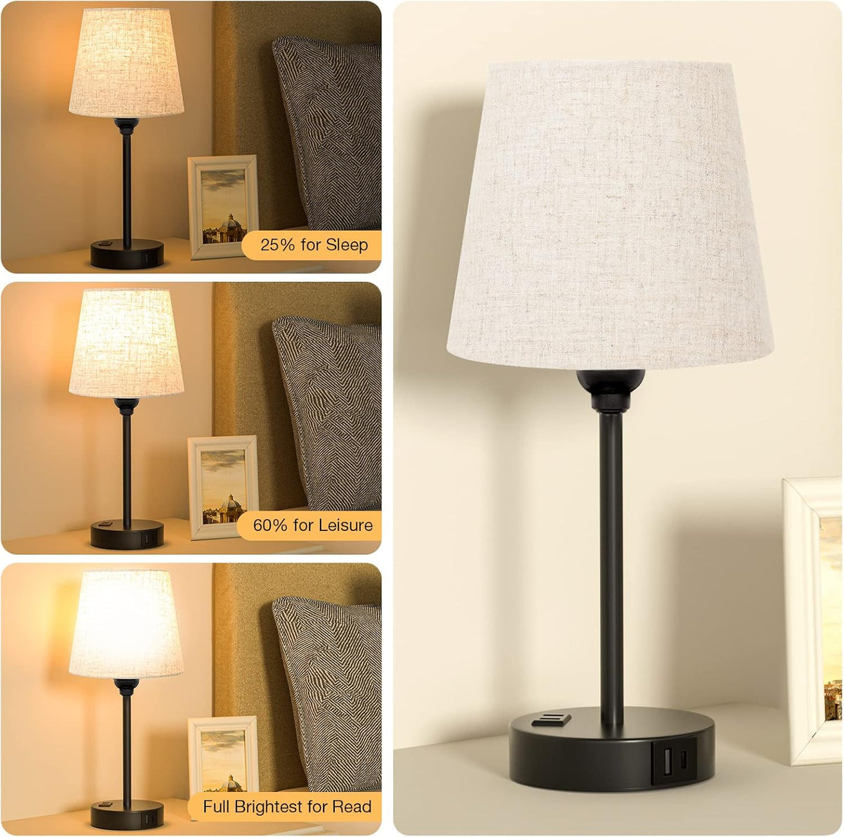 Bedside Table Lamps Set 2 for Bedroom - Dimmable Touch, USB C+A, AC Outlet