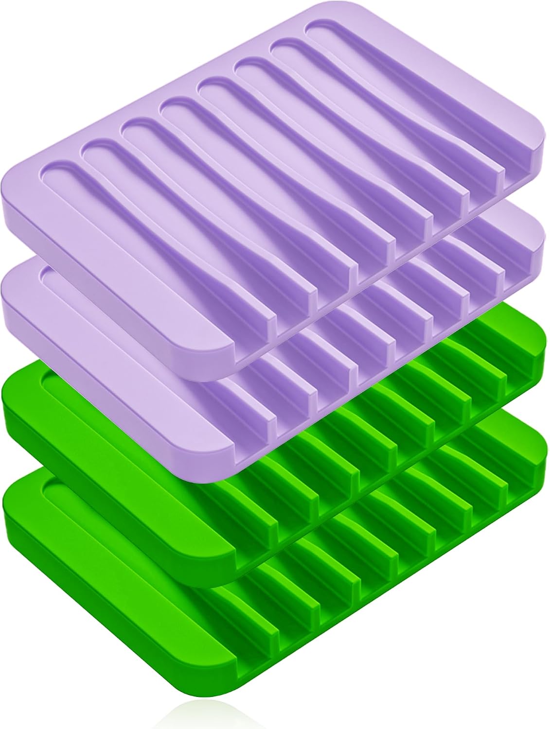 4-Pack Self Draining Soap Dish for Shower Bathroom Waterfall Silicone Soap Saver Tray Sponge Holder for Kitchen Sink Non-Slip Easy Clean (Purple and Green)