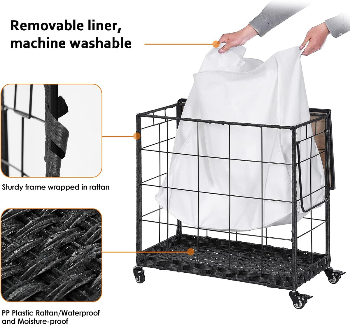 132L Laundry Hamper with Lid, 3-Section Laundry Basket with Rolling Wheels