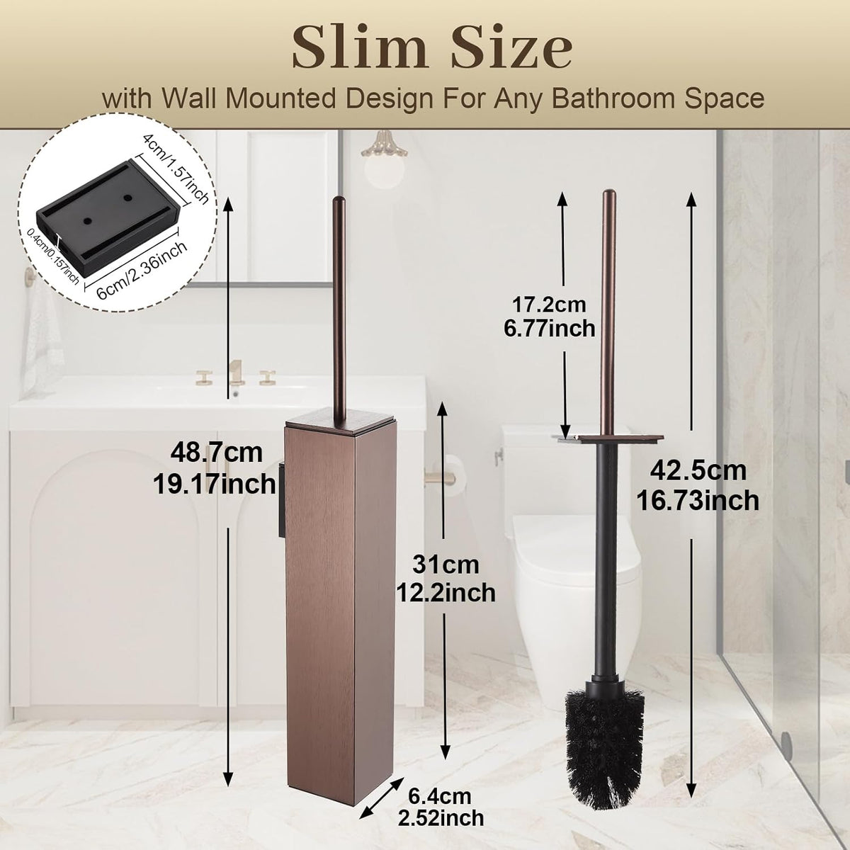 Toilet Brush and Holder Wall Mounted, Brushed Rose Gold Aluminum with 2 Replaceable Heads, Bathroom Toilet Brush, Drill or 3M Adhesive Mount, Removable Liner and Splash Guard, Modern Square Design