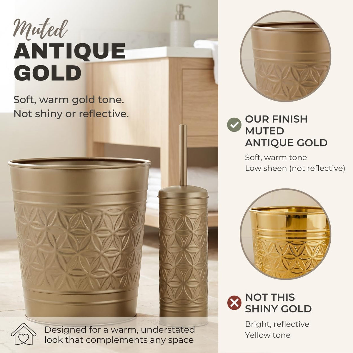 Autumn Alley Farmhouse Antique Gold Bathroom Accessories Set – Includes Gold Bathroom Trash Can & Toilet Brush with Holder, Handcrafted Modern Waste Bin & Standing Toilet Brush, Embossed Metal Décor