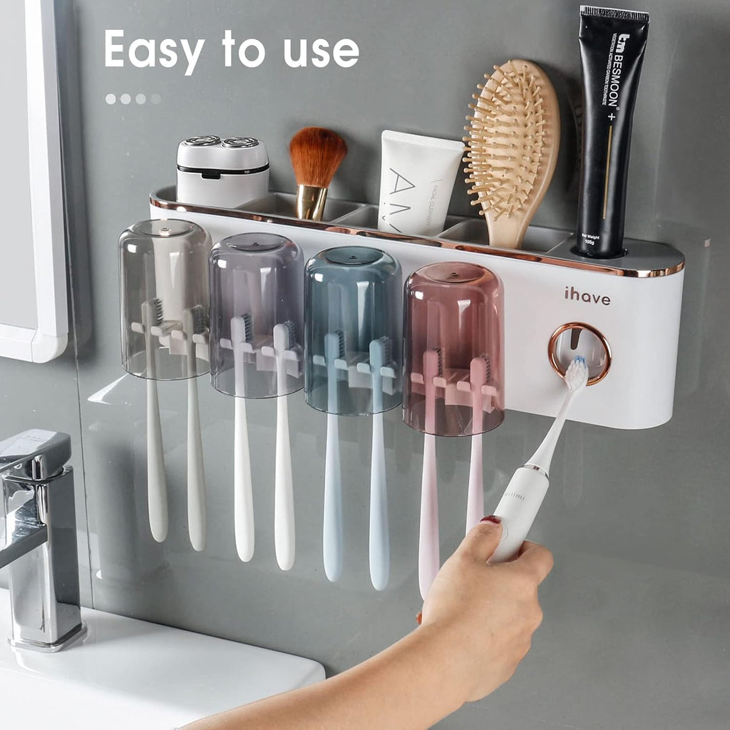 iHave Toothbrush Holders for Bathrooms Wall Mounted with Dispenser & 4 Cups