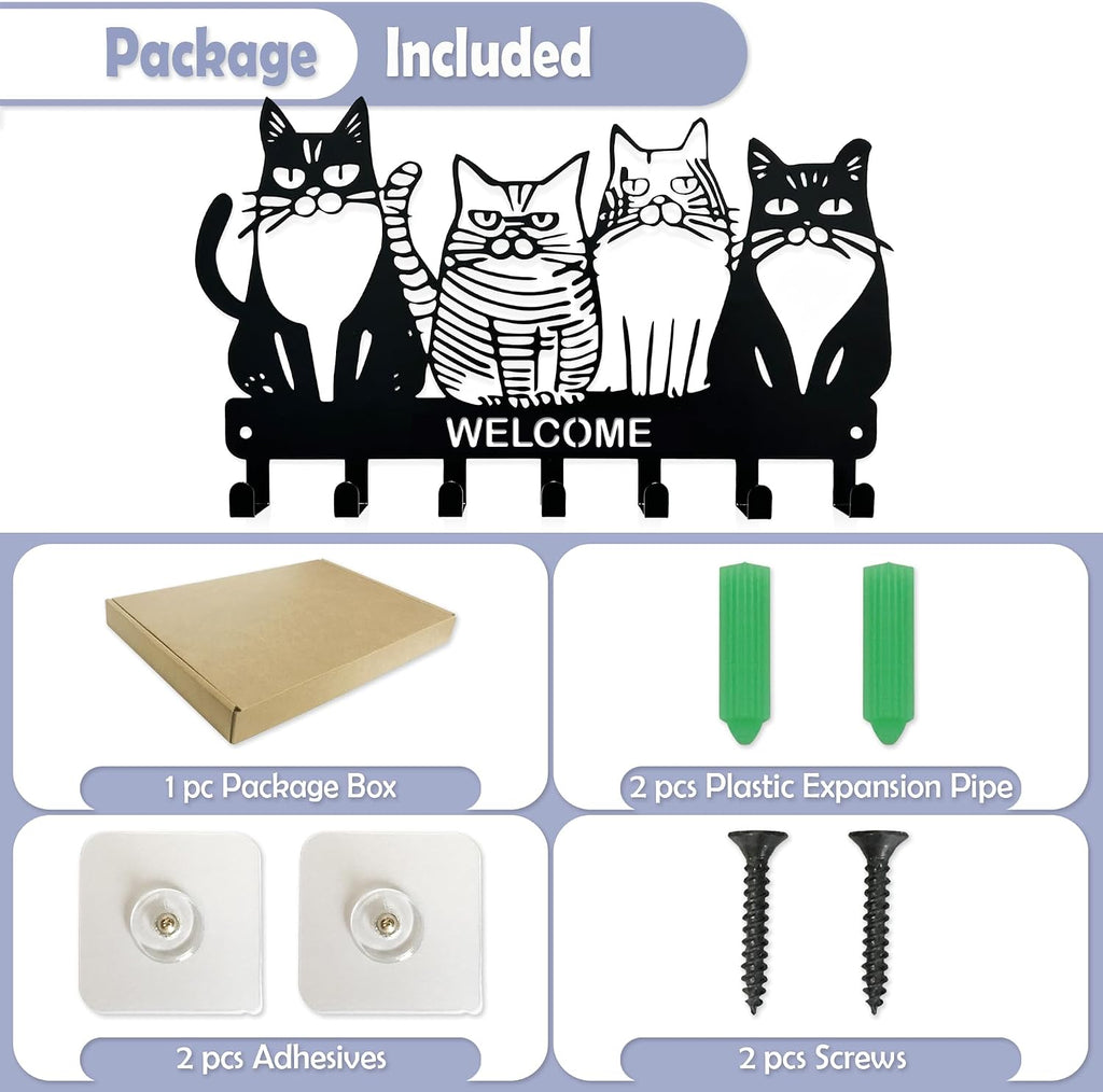 Key Holder for Wall, 11.88'' x 7'' Black Metal Cat Shape