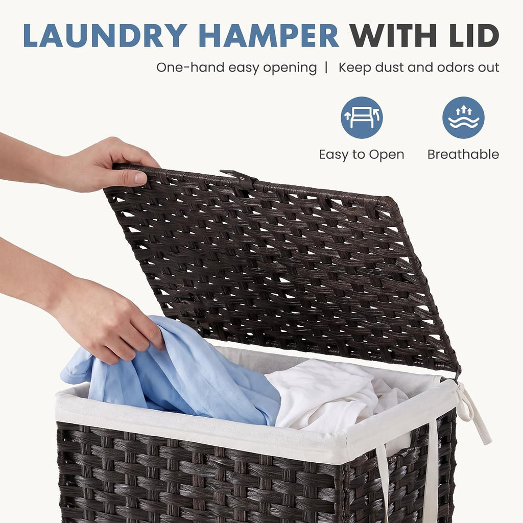 DUMOS Laundry Basket with Lid, 90L Wicker Laundry Hampers, Chestnut Brown