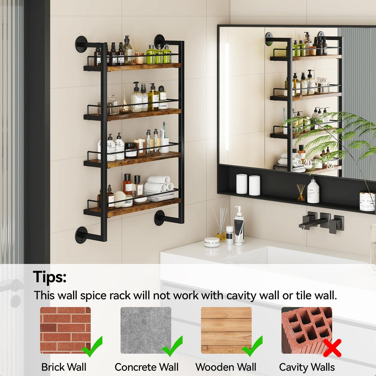 IBUYKE 4 Tier Spice Rack Wall Mount for Kitchen,Brown TLJ016H