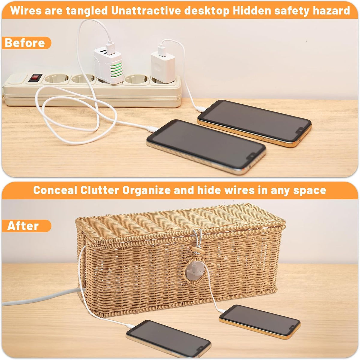 2 Pcs Handmade Cable Management Boxes Rattan Cable Organizer Large & Medium Cord Hider Organizer Boxes Power Strip Boxes Locked Cover with 2 Open Slots for Home and Workplace