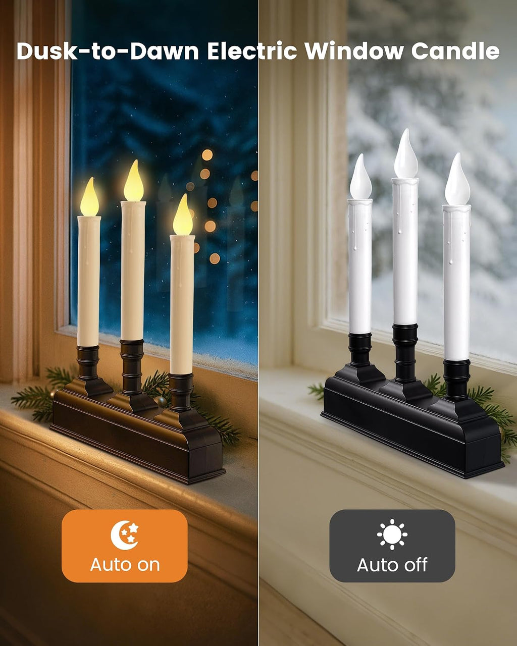 SURAIELEC Christmas Battery 3-Light Window Candle, Dusk-to-Dawn, 2 Pack