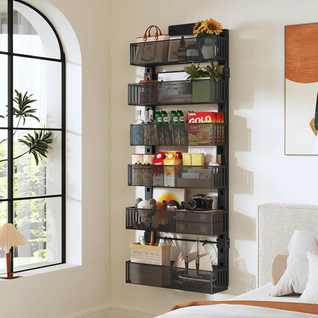Over The Door Organizer, 6-Tier Heavy-Duty Metal Mesh Rack, Adjustable Large Baskets, 2-in-1 Hanging or Wall Mount Spice Rack, Behind The Door Organizer for Bedroom Closet Bathroom Pantry Kitchen