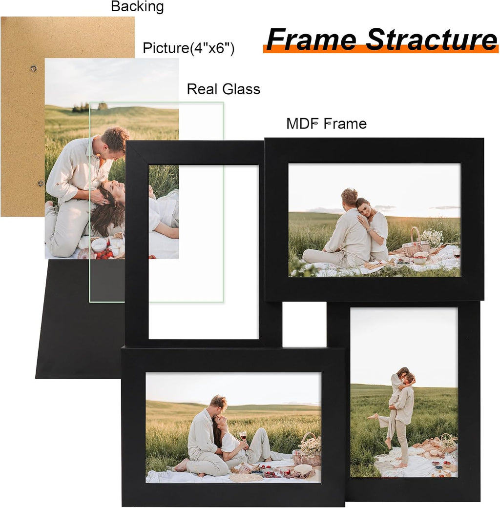 YESKAY 4x6 Collage Picture Frames Set of 1, Multi Family Photo Frame with Real Glass, Displays Four 4x6 Photo, Wall Decor Wall Hanging or Tabletop, Black