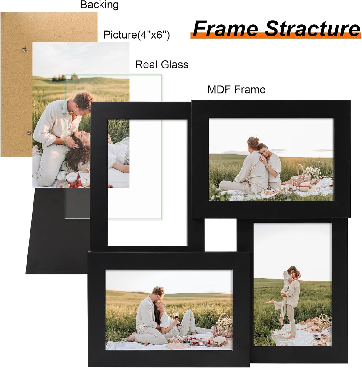 YESKAY 4x6 Collage Picture Frames Set of 1, Multi Family Photo Frame with Real Glass, Displays Four 4x6 Photo, Wall Decor Wall Hanging or Tabletop, Black