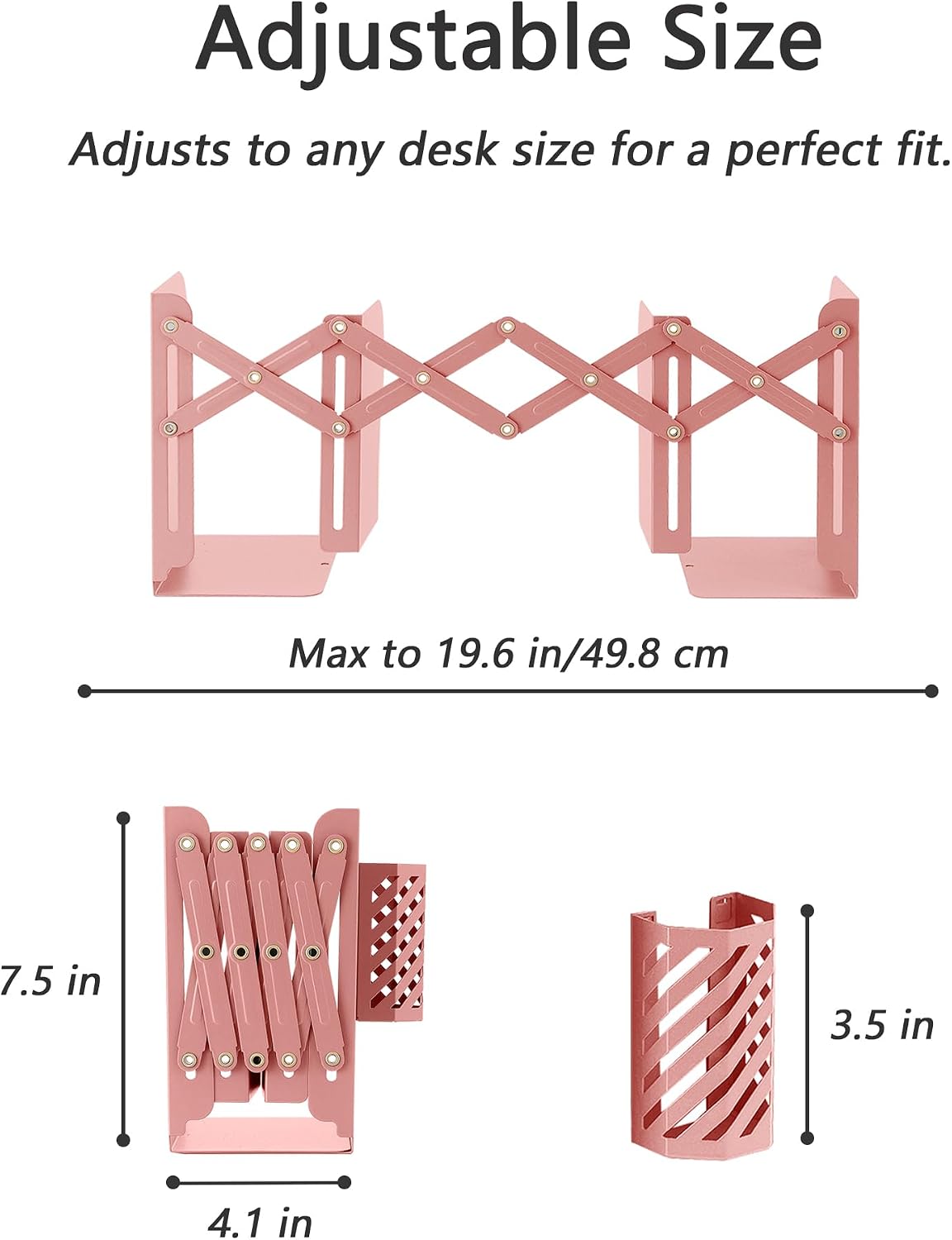 Kingsmile Book Ends, Adjustable Heavy Duty Metal Book Stoppers with Pen Holder for Desk Office Library Kids Room(Pink)