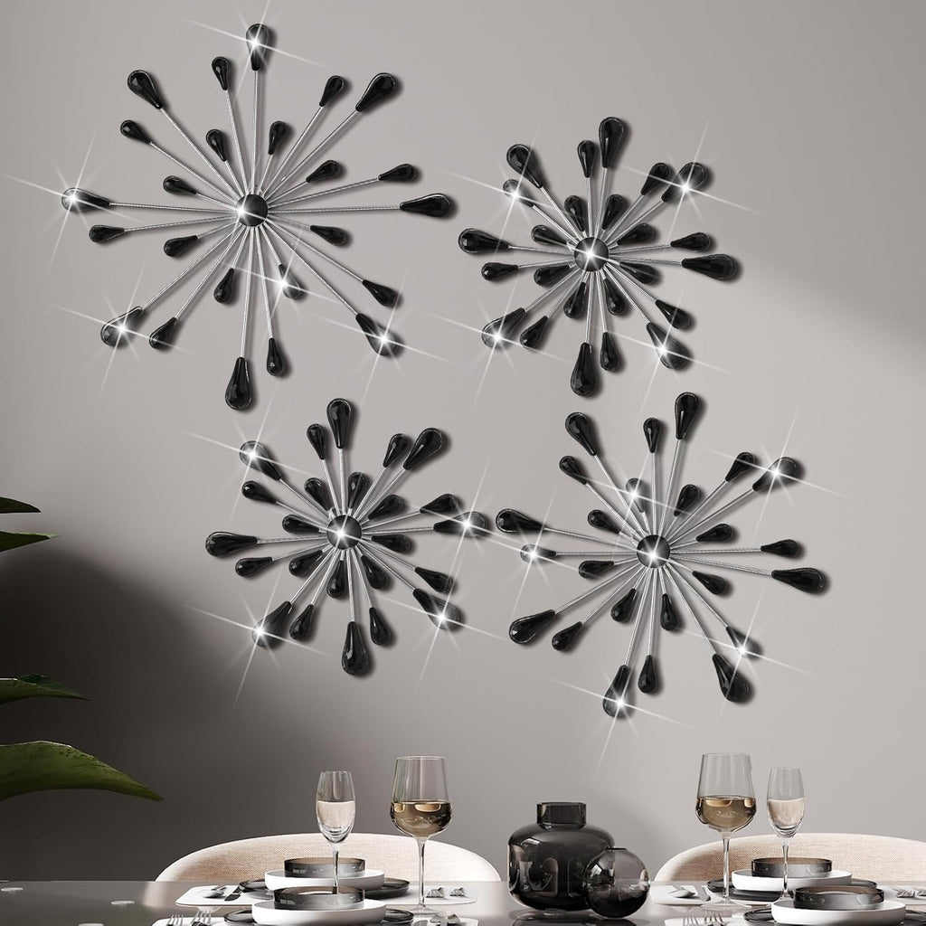 Hicarer 4 Pcs Starburst Wall Decor, Bling Metal Wall Art, Black Diamond