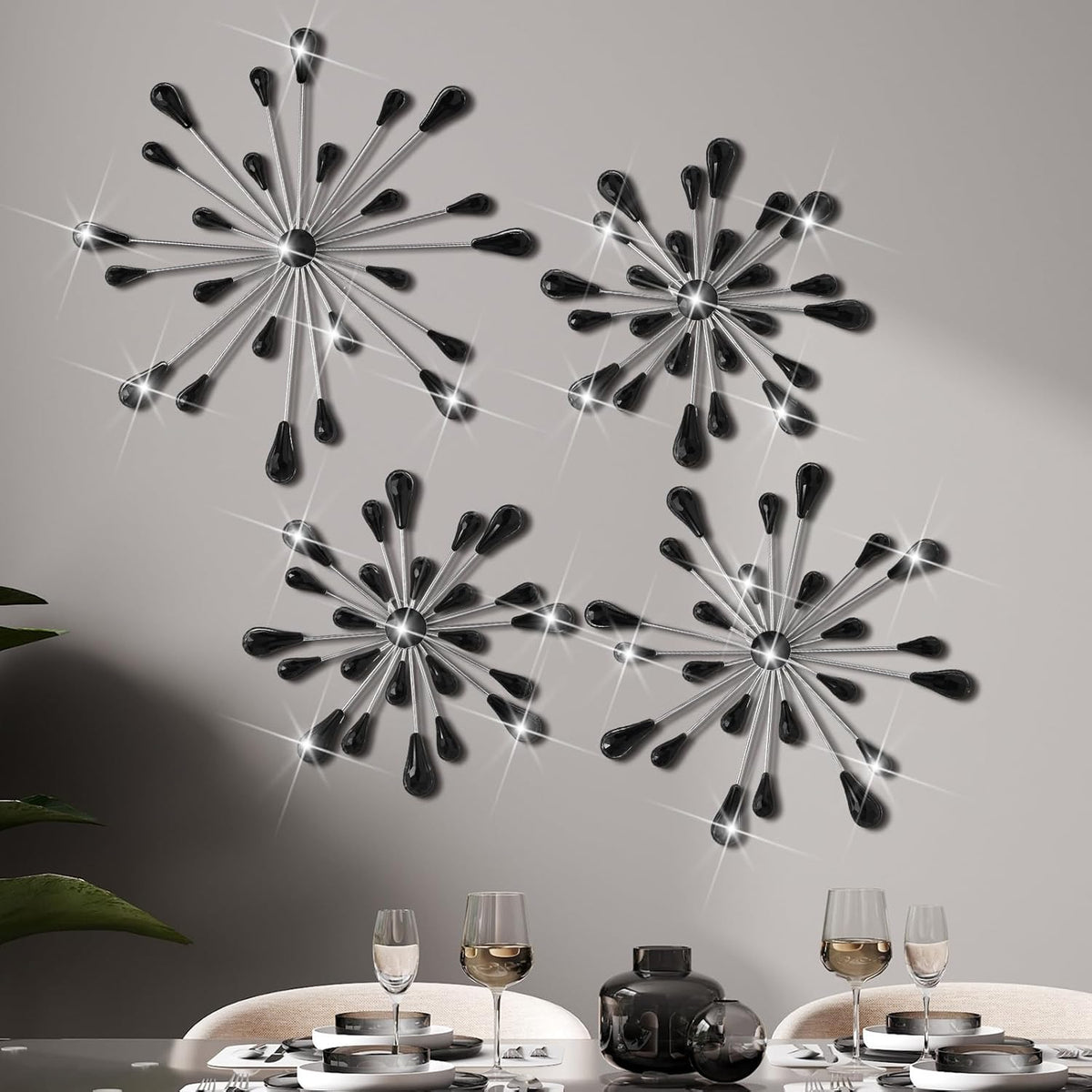 Hicarer 4 Pcs Starburst Wall Decor, Bling Metal Wall Art, Black Diamond