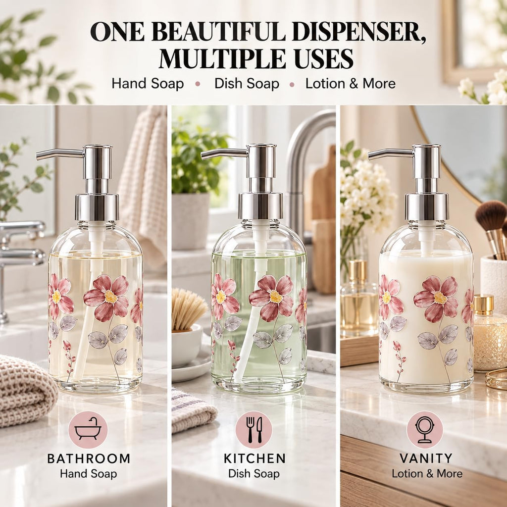 Topadorn 2 Pack 17oz Glass Soap Dispensers, Floral & Goldfinch Bird