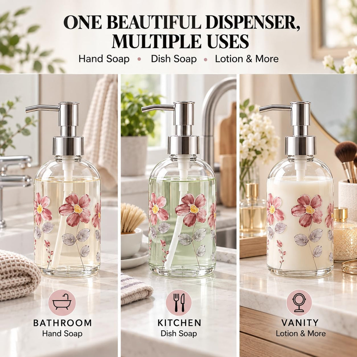 Topadorn 2 Pack 17oz Glass Soap Dispensers, Floral & Goldfinch Bird