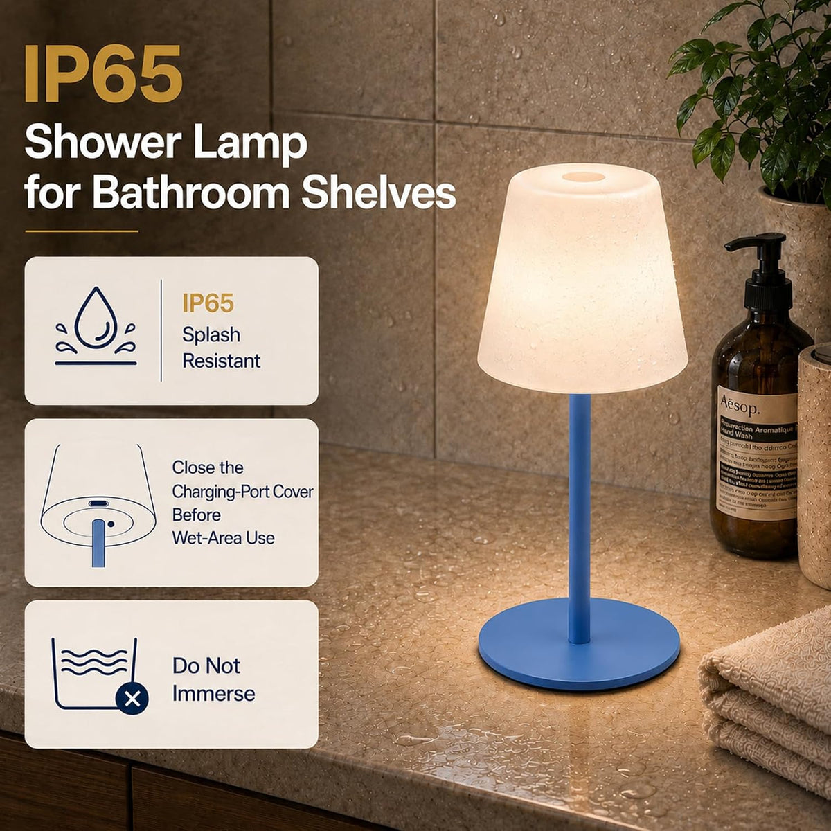 IP65 Waterproof Shower Lamp, Cordless Rechargeable Table Lamp, Blue