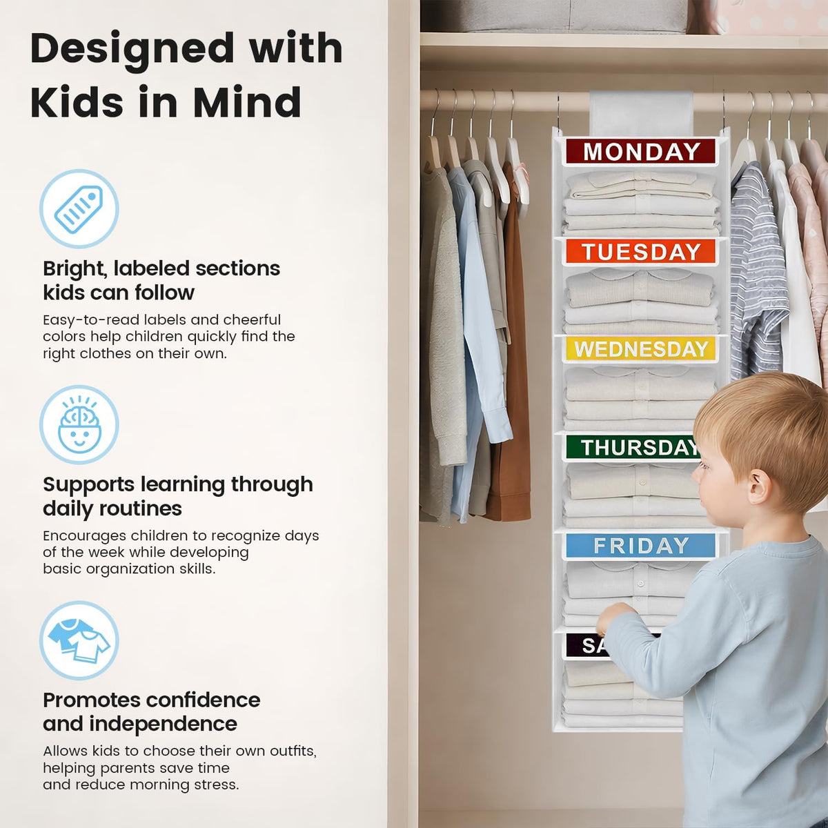 Weekly Clothes Organizer for Kids, 6-Shelf Kid Hanging Closet Organizer w/ 6 Side Pockets, Labeled Weekly Outfit Organizer for Kids, Days of The Week Clothes Organizer Monday Through Friday White