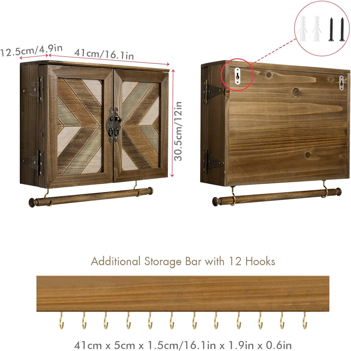 Wall Mounted Jewelry Organizer, Rustic Brown Wooden Jewelry Storage Cabinet