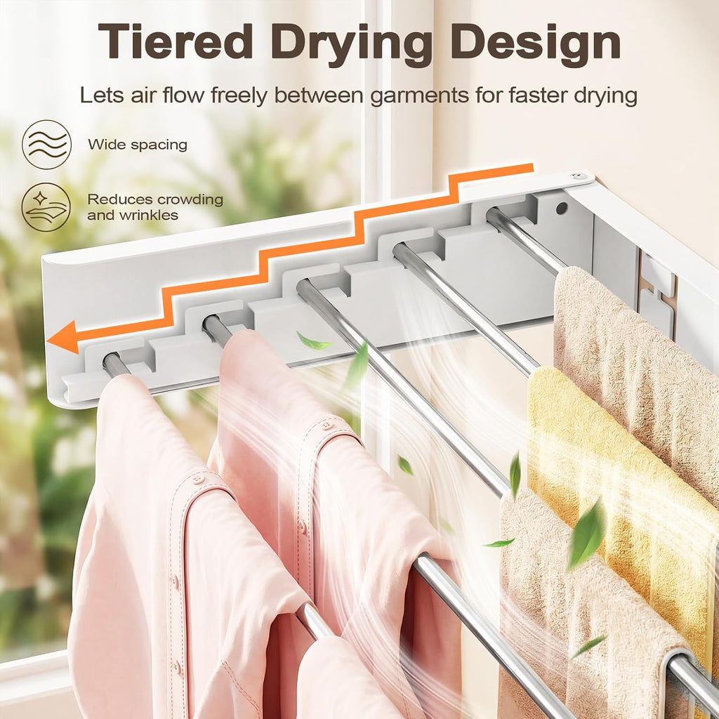 Wall Mounted Clothes Drying Rack Folding Indoor, Foldable Laundry Drying Rack Collapsible,Invisible, Space Saving, Retractable Towel Drying Rack, with Wall Template(5 Drying Rods, White 32")
