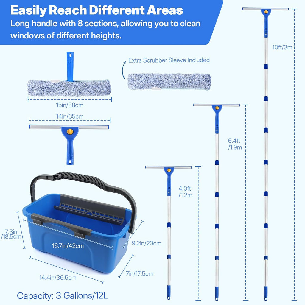 10Ft Professional Window Cleaning Kit with Bucket for Home & Commercial