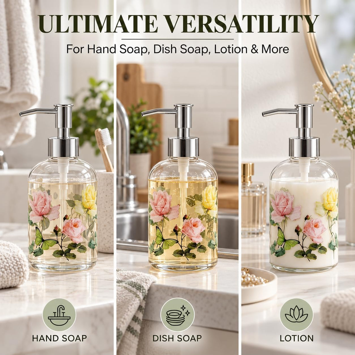 Topadorn 2 Pack 17oz Glass Soap Dispensers, Floral Refillable Pump Bottles