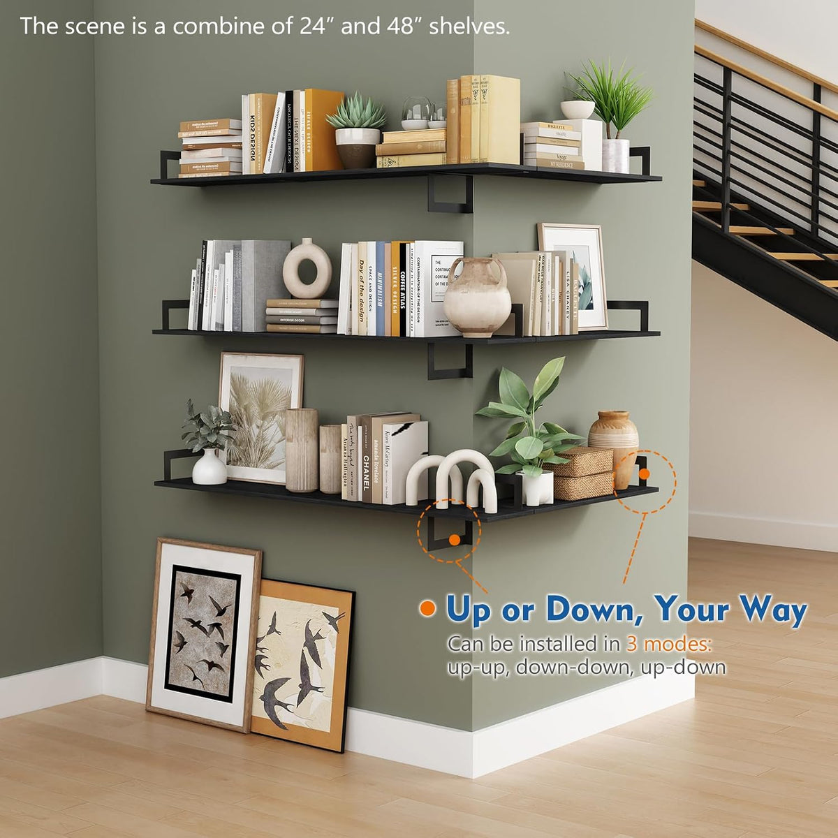 Black Wall Shelves for Bedroom 24 Inch Long, 8 In Deep Floating Shelves