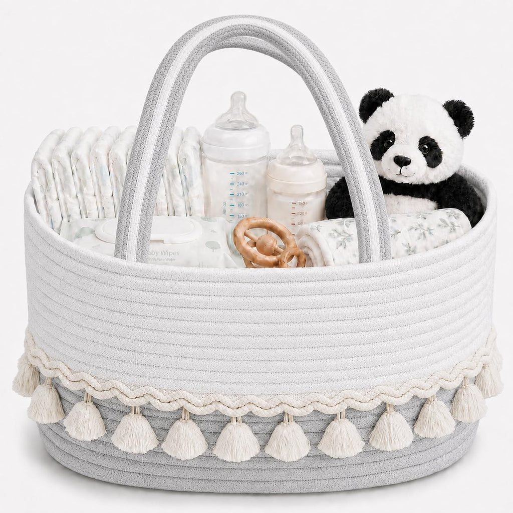 Cotton Rope Baby Diaper Caddy Basket with Handles, Grayish White