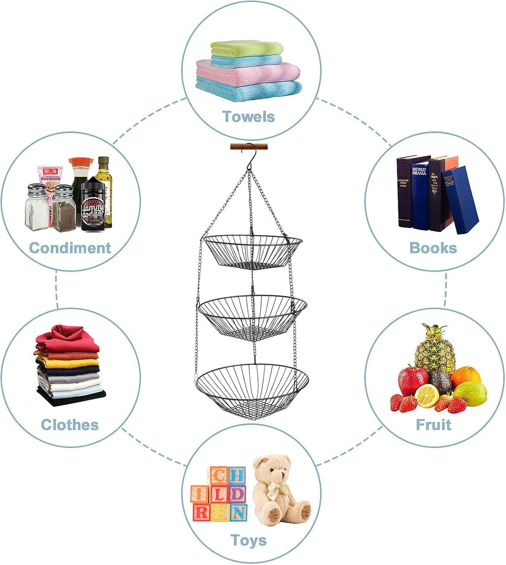 JUNCHU CHERRY 3-Tier Wire Fruit Hanging Basket 2 Packs,non-Punching Wall Hanging Storage,Kitchen Bathroom Organization Basket,Suitable for Bathroom,Kitchen,Closet,Garden,Black