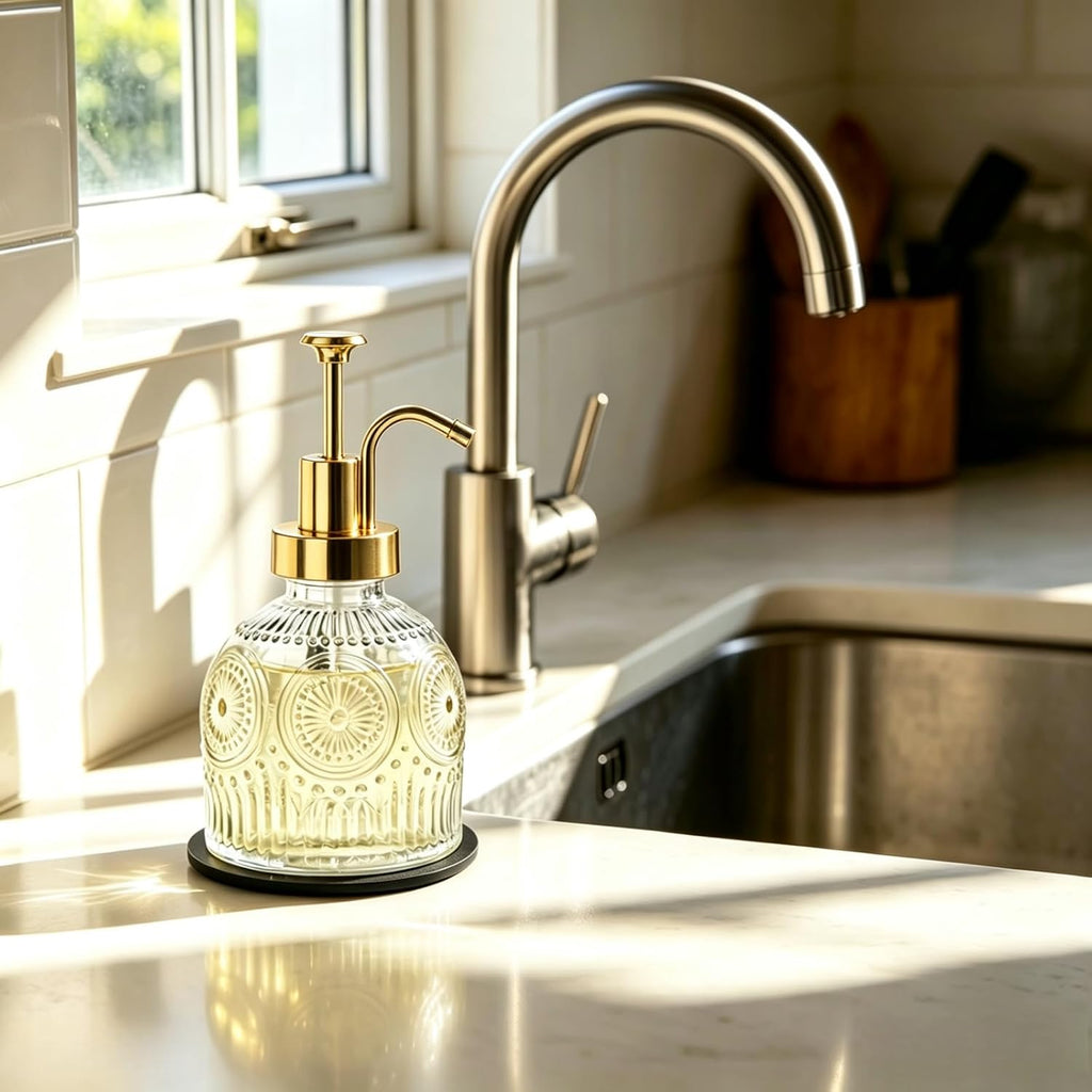 SheeChung 8 Oz Clear Glass Soap Dispenser with Rust Proof Gold Pump, 2 Pack