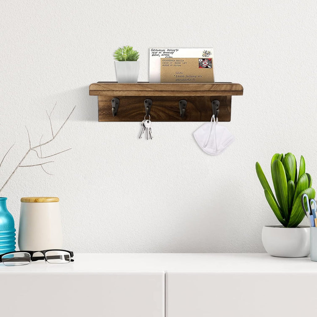 Key Holder Wall Mount, Farmhouse Wall Shelf with 4 Hooks for Entryway