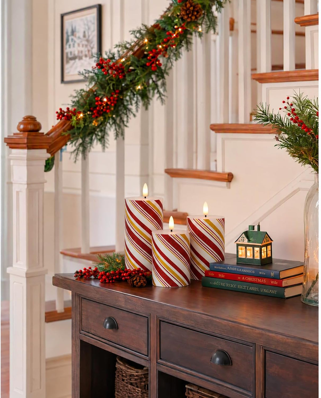 Christmas Flickering Flameless Candles, Red Stripes-Thin Real Wax Flickering Battery Operated Candles for Christmas Holiday Home Decor, Set of 3 (D3 x H4 5" 6")