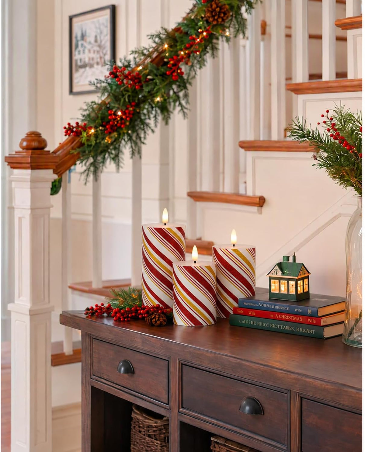 Christmas Flickering Flameless Candles, Red Stripes-Thin Real Wax Flickering Battery Operated Candles for Christmas Holiday Home Decor, Set of 3 (D3 x H4 5" 6")