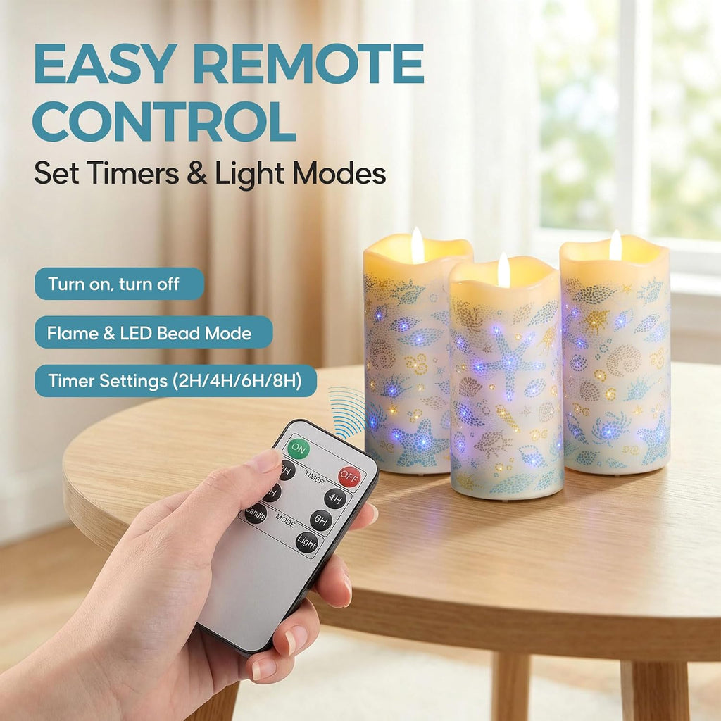 Blue Ocean Coastal Fiber Optic Flameless Pillar Candles with Remote