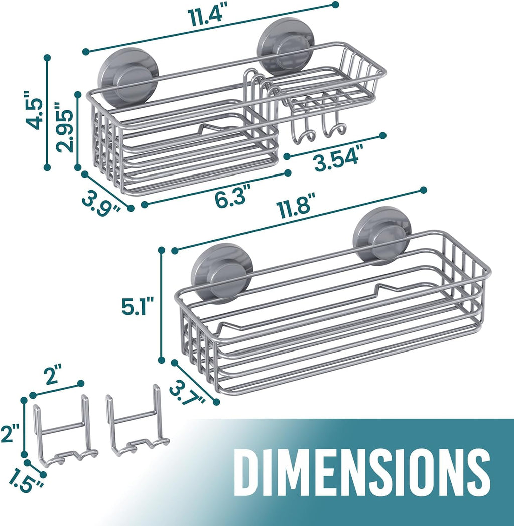 TAILI Shower Caddy Suction Cup, 2 Pack Bathroom Organize with Hooks, Grey
