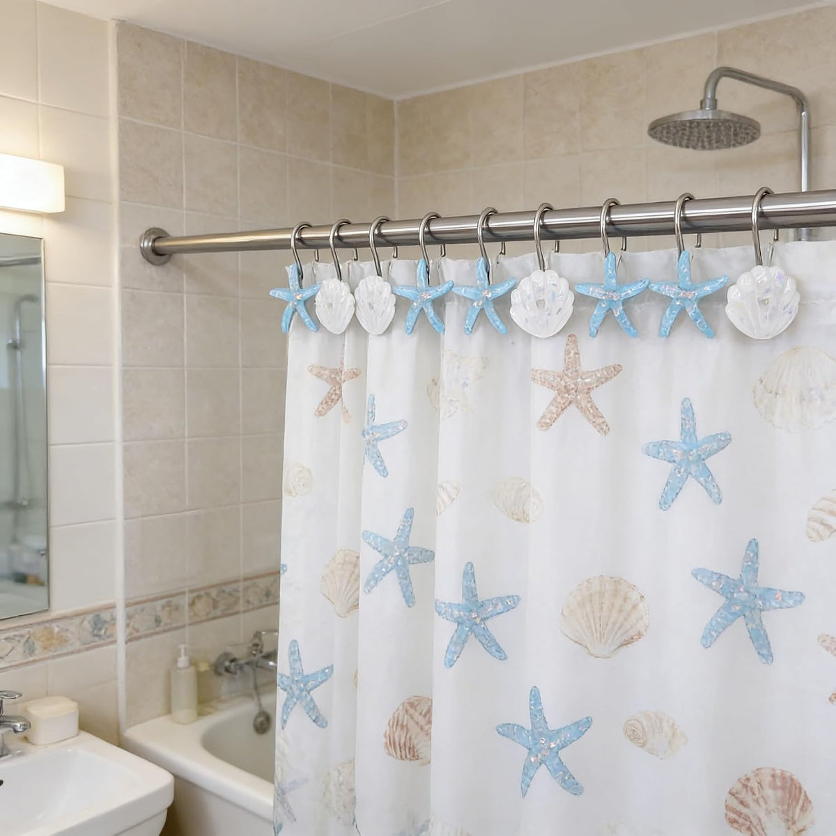 Twofishes Blue Seashell Shower Curtain Hooks S/12 Ocean White Starfish Style Shower Curtain Rings Pack of 12 White Shell Shower Rings Set of 12
